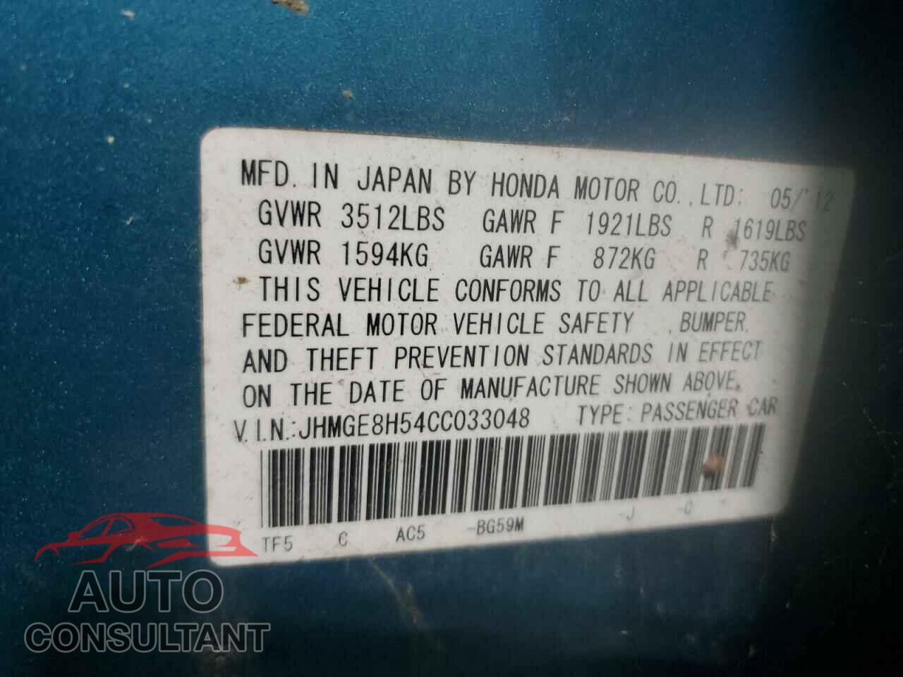 HONDA FIT 2012 - JHMGE8H54CC033048