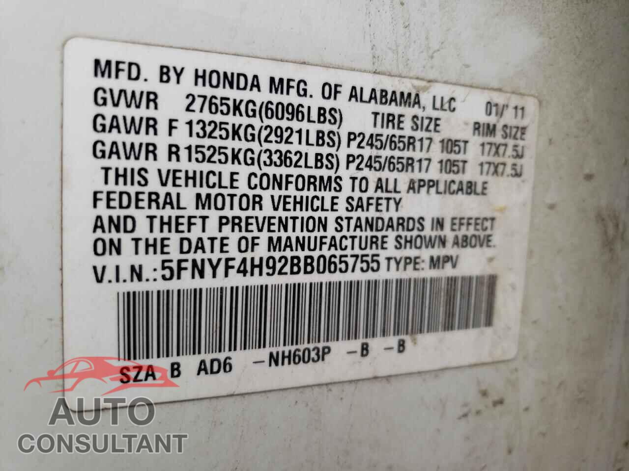 HONDA PILOT 2011 - 5FNYF4H92BB065755