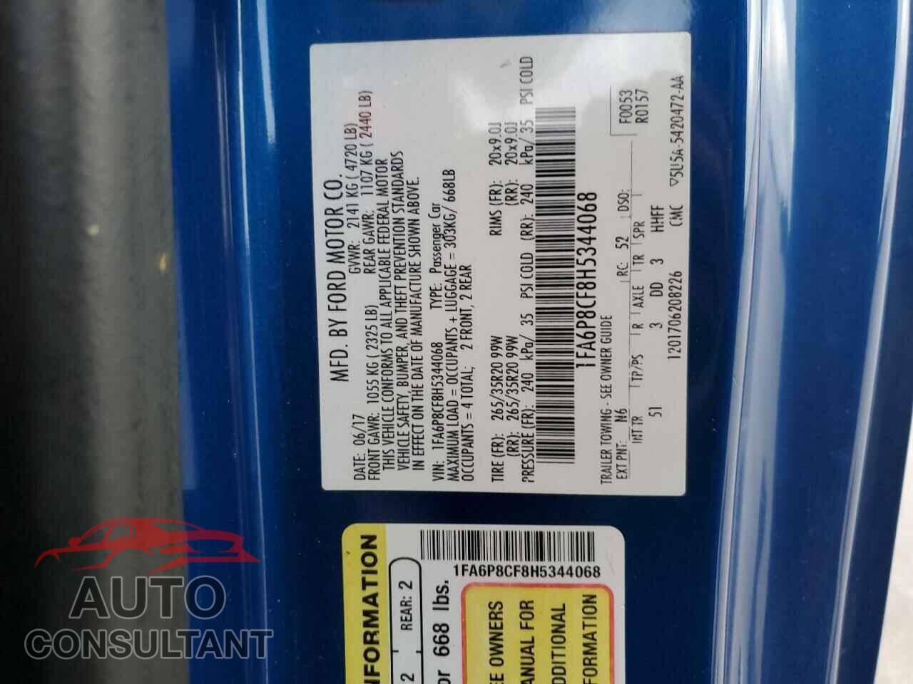 FORD MUSTANG 2017 - 1FA6P8CF8H5344068