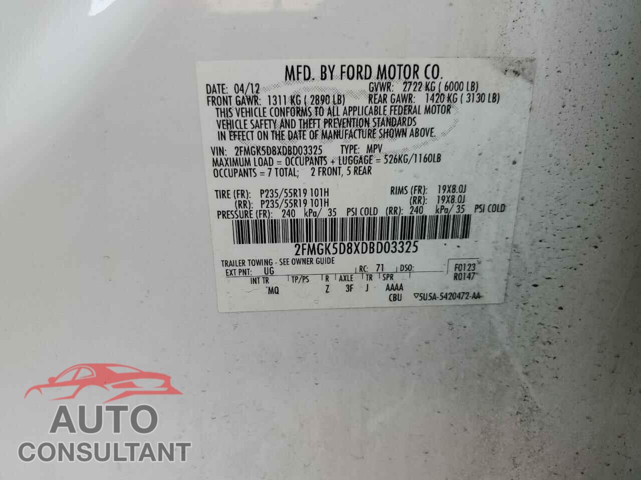 FORD FLEX 2013 - 2FMGK5D8XDBD03325