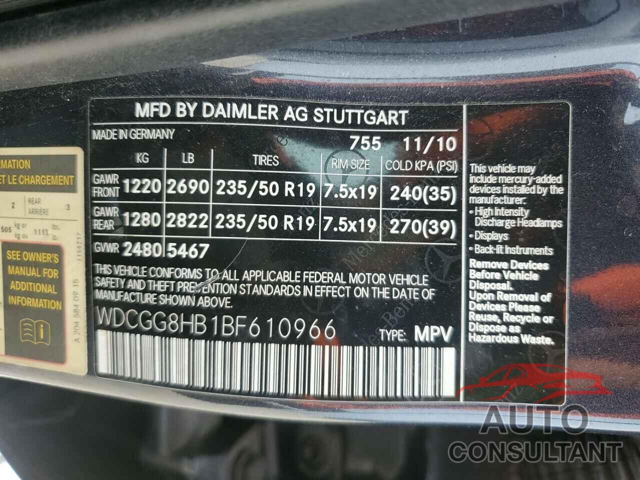 MERCEDES-BENZ GLK-CLASS 2011 - WDCGG8HB1BF610966