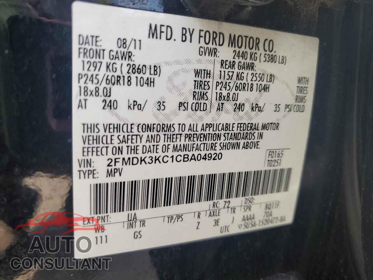 FORD EDGE 2012 - 2FMDK3KC1CBA04920