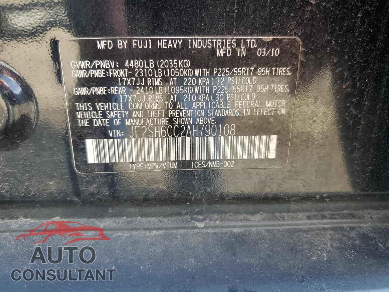 SUBARU FORESTER 2010 - JF2SH6CC2AH790108