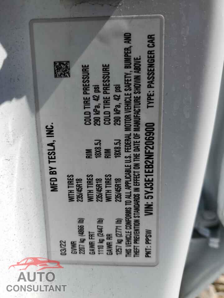 TESLA MODEL 3 2022 - 5YJ3E1EB2NF206900