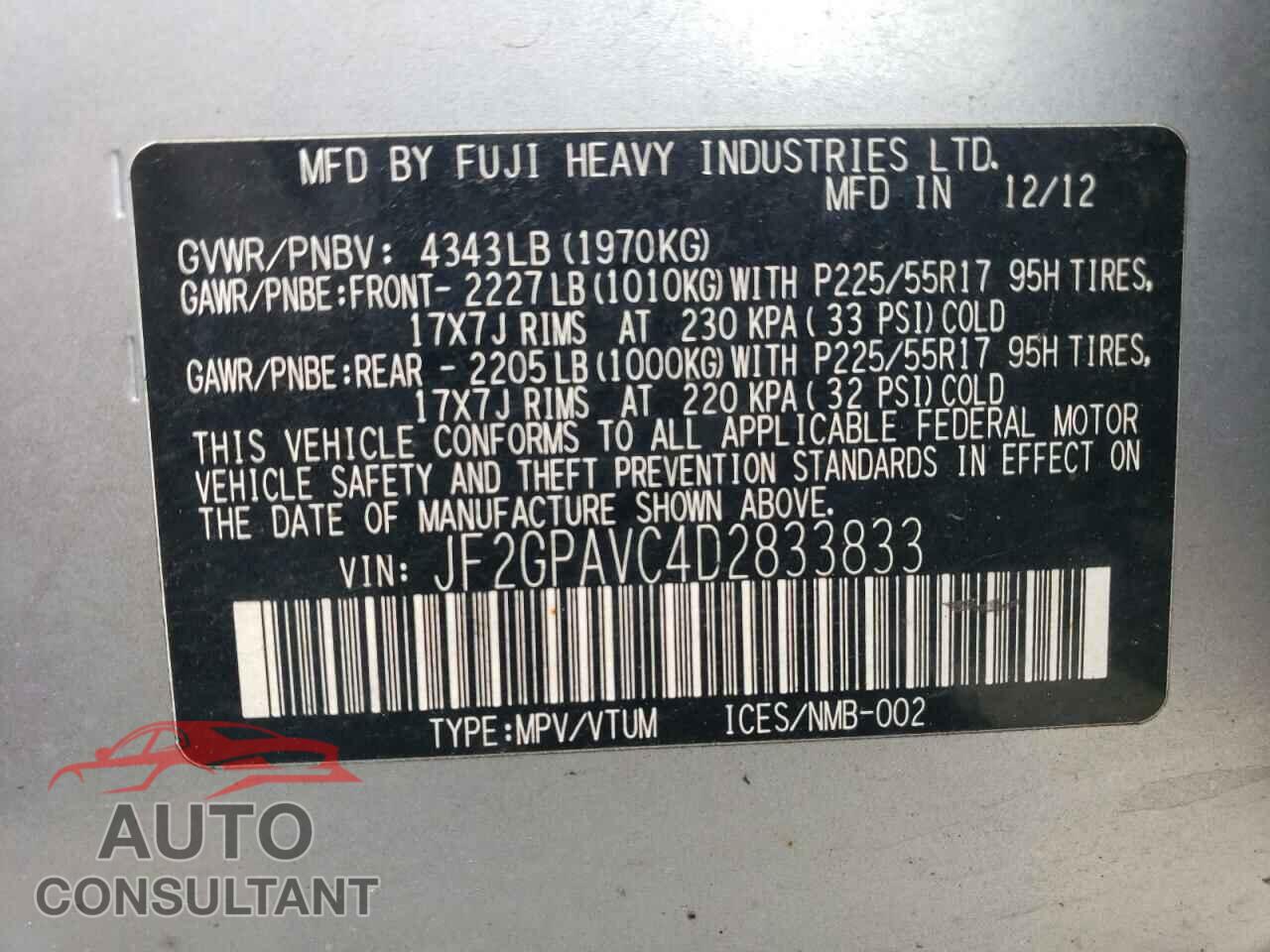 SUBARU XV 2013 - JF2GPAVC4D2833833