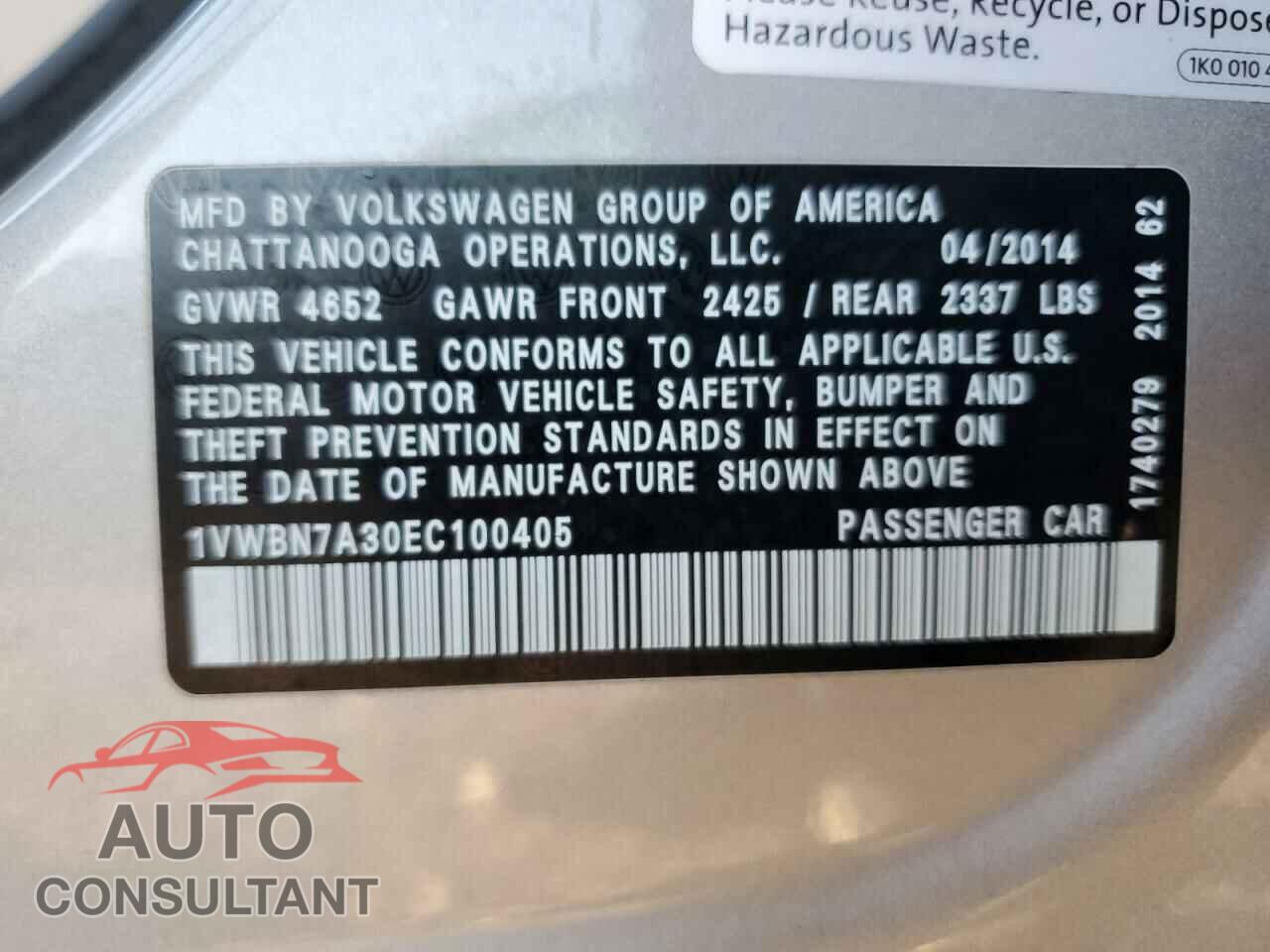 VOLKSWAGEN PASSAT 2014 - 1VWBN7A30EC100405