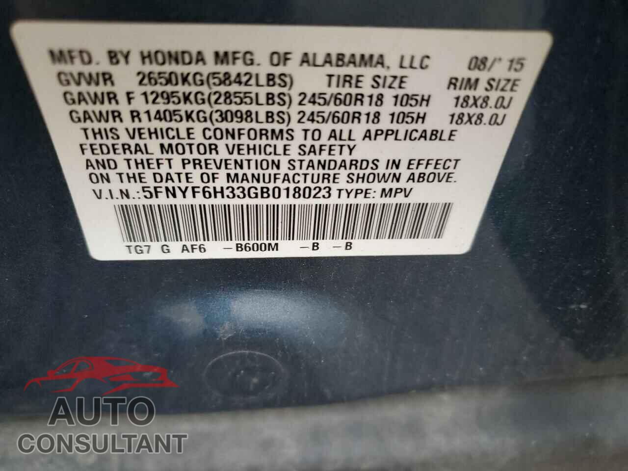 HONDA PILOT 2016 - 5FNYF6H33GB018023