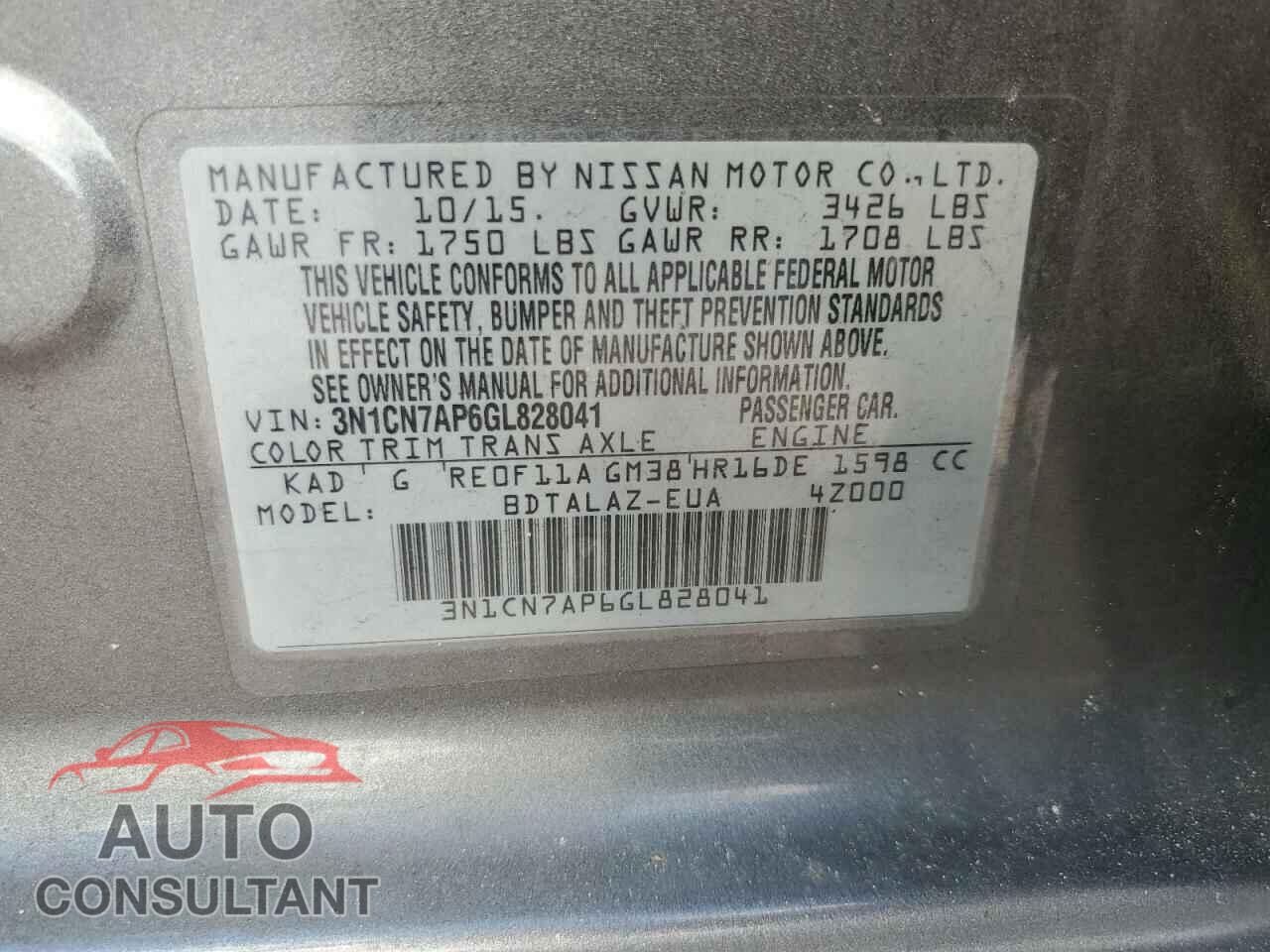 NISSAN VERSA 2016 - 3N1CN7AP6GL828041