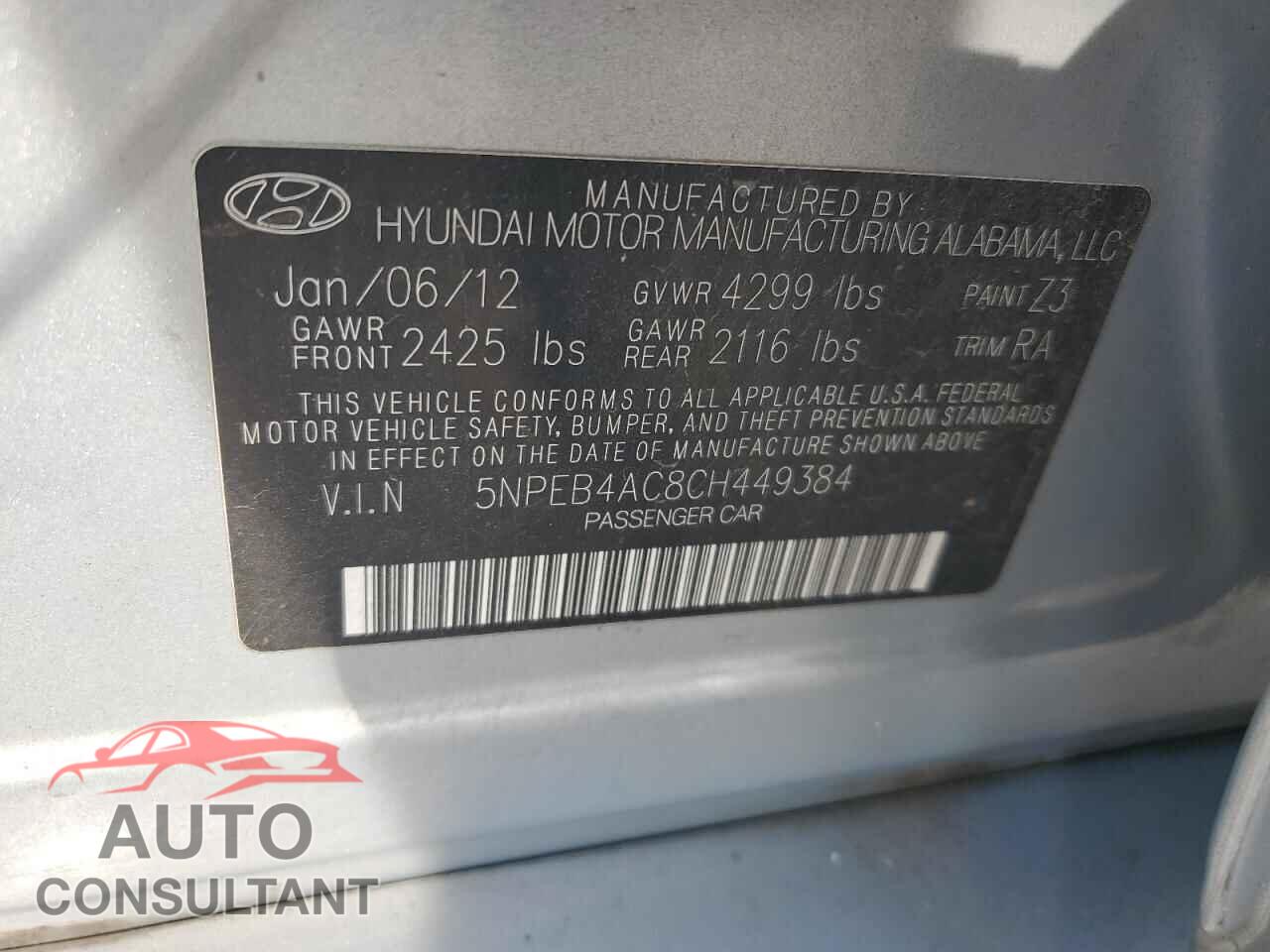 HYUNDAI SONATA 2012 - 5NPEB4AC8CH449384