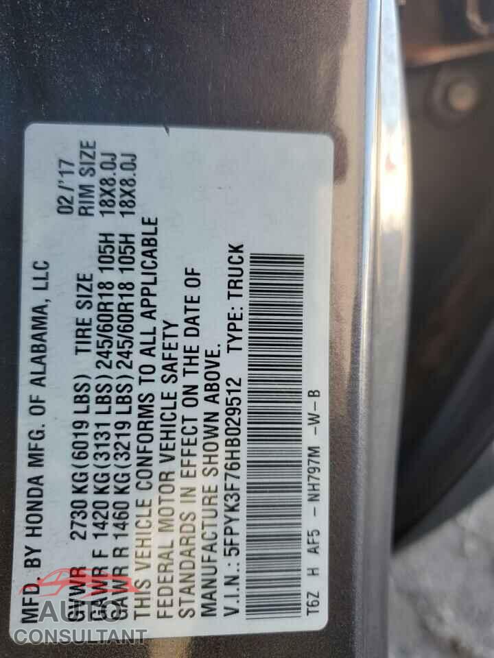 HONDA RIDGELINE 2017 - 5FPYK3F76HB029512