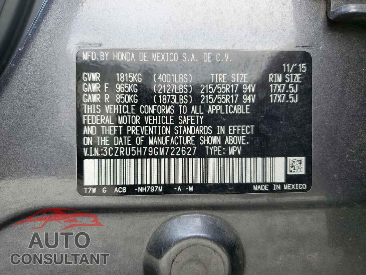 HONDA HR-V 2016 - 3CZRU5H79GM722627