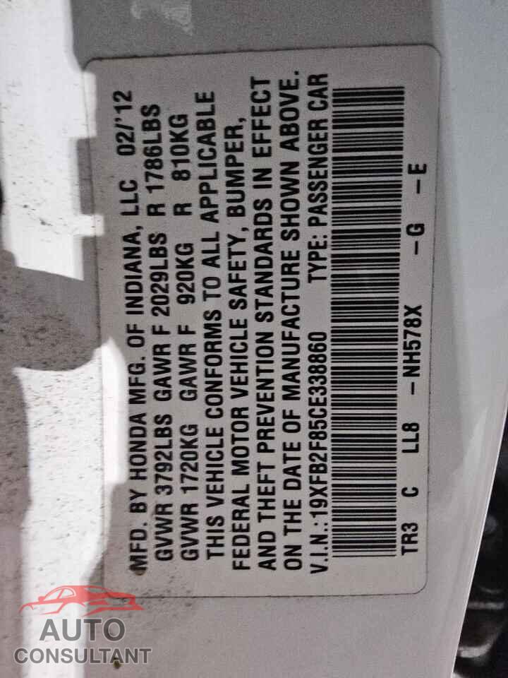 HONDA CIVIC 2012 - 19XFB2F85CE338860