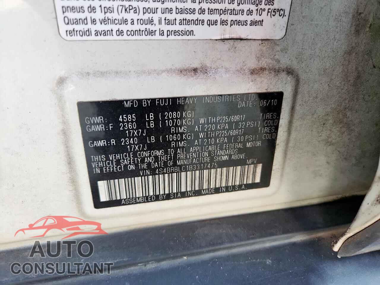 SUBARU OUTBACK 2011 - 4S4BRBLC1B3317475