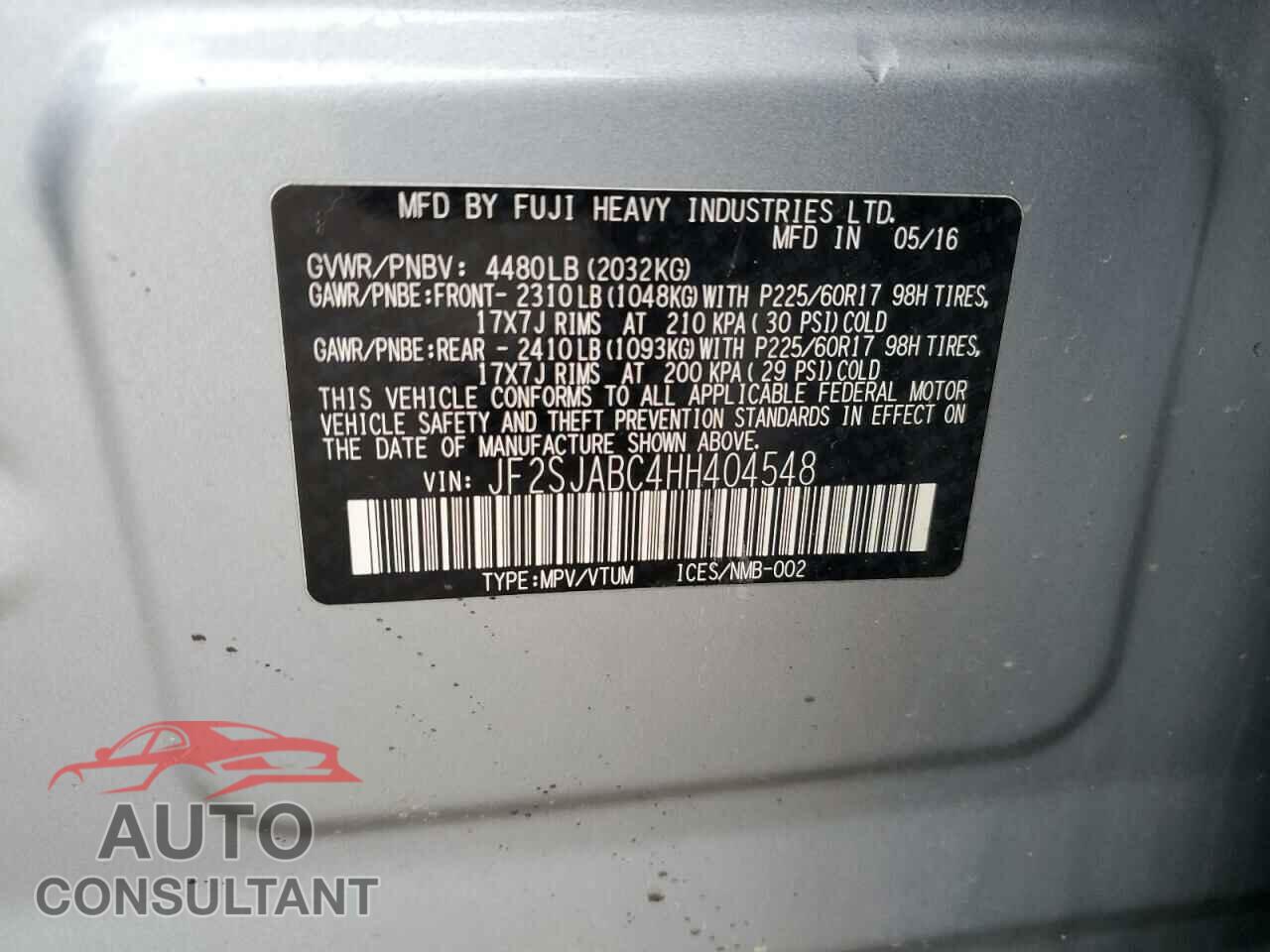 SUBARU FORESTER 2017 - JF2SJABC4HH404548