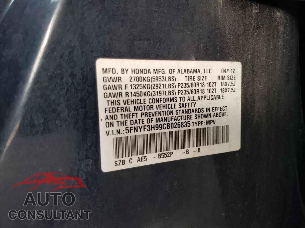 HONDA PILOT 2012 - 5FNYF3H99CB026835