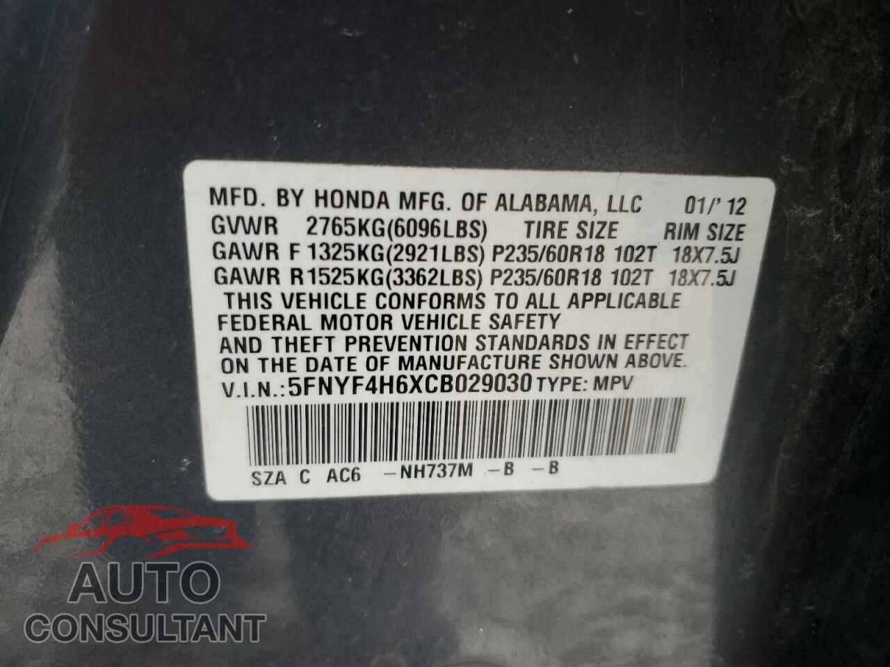 HONDA PILOT 2012 - 5FNYF4H6XCB029030