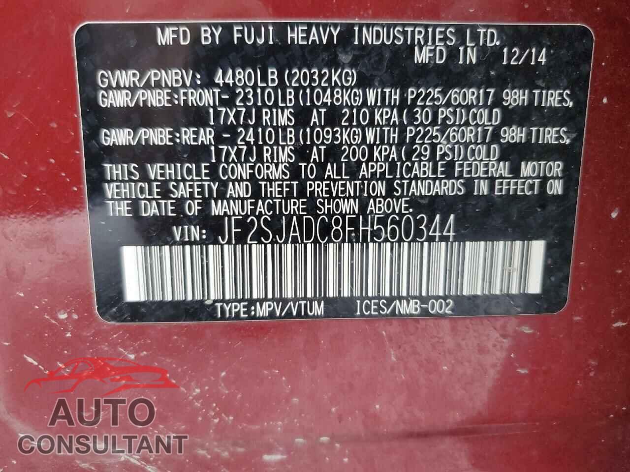 SUBARU FORESTER 2015 - JF2SJADC8FH560344