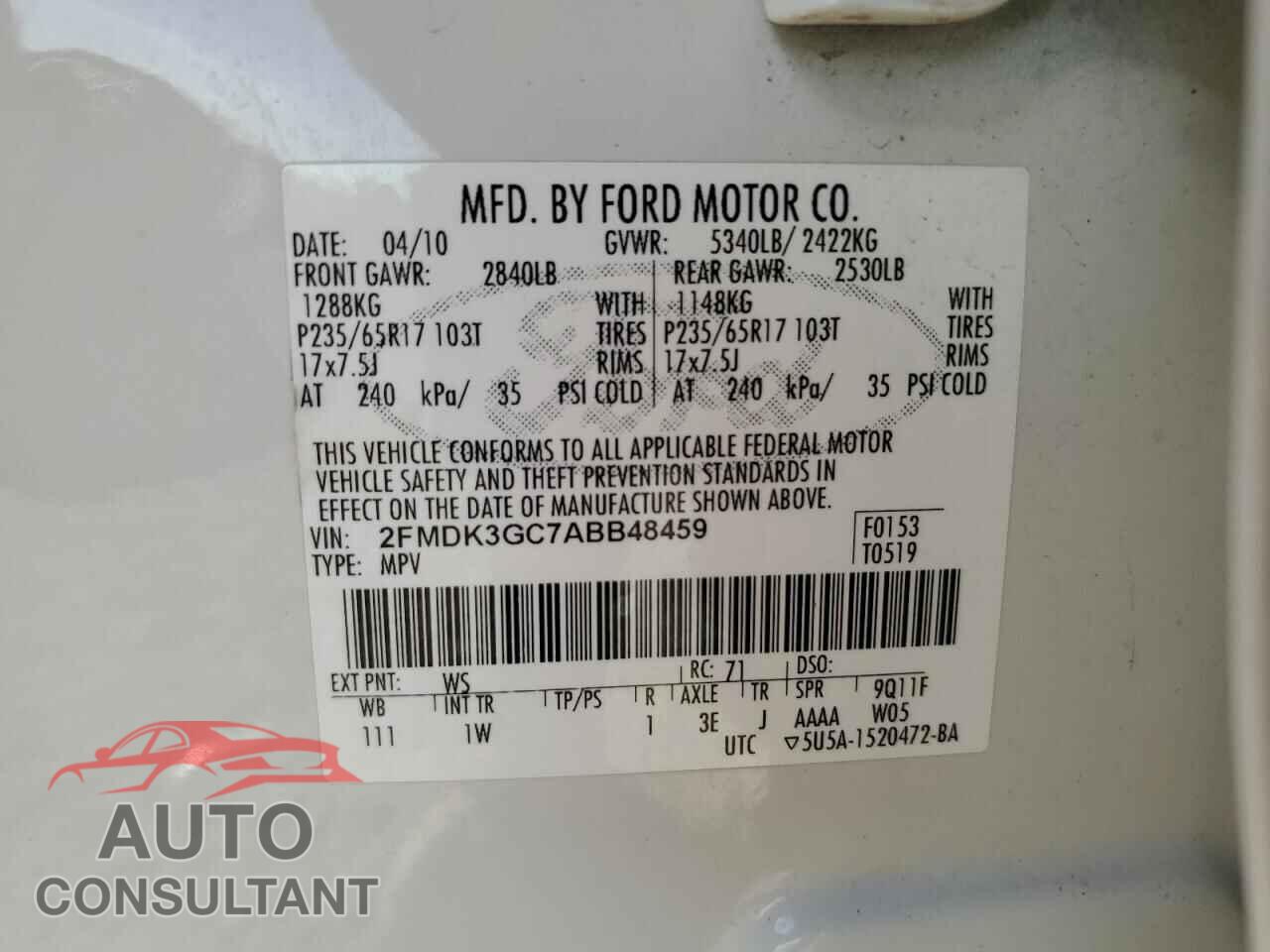 FORD EDGE 2010 - 2FMDK3GC7ABB48459