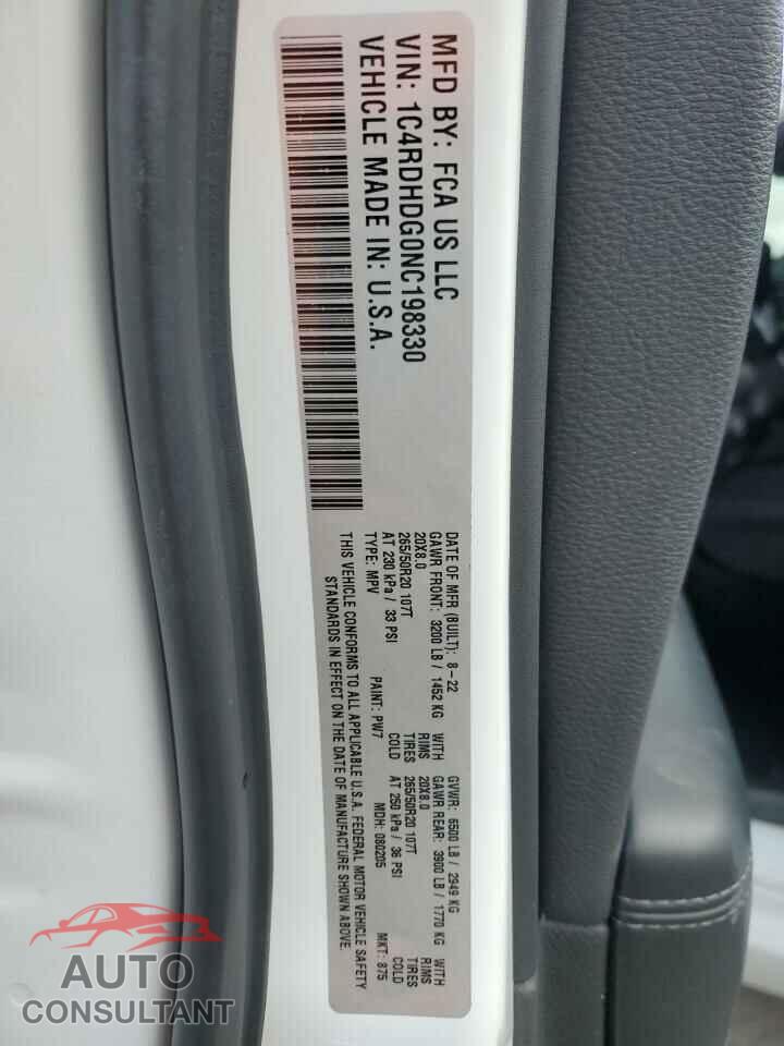 DODGE DURANGO 2022 - 1C4RDHDG0NC198330