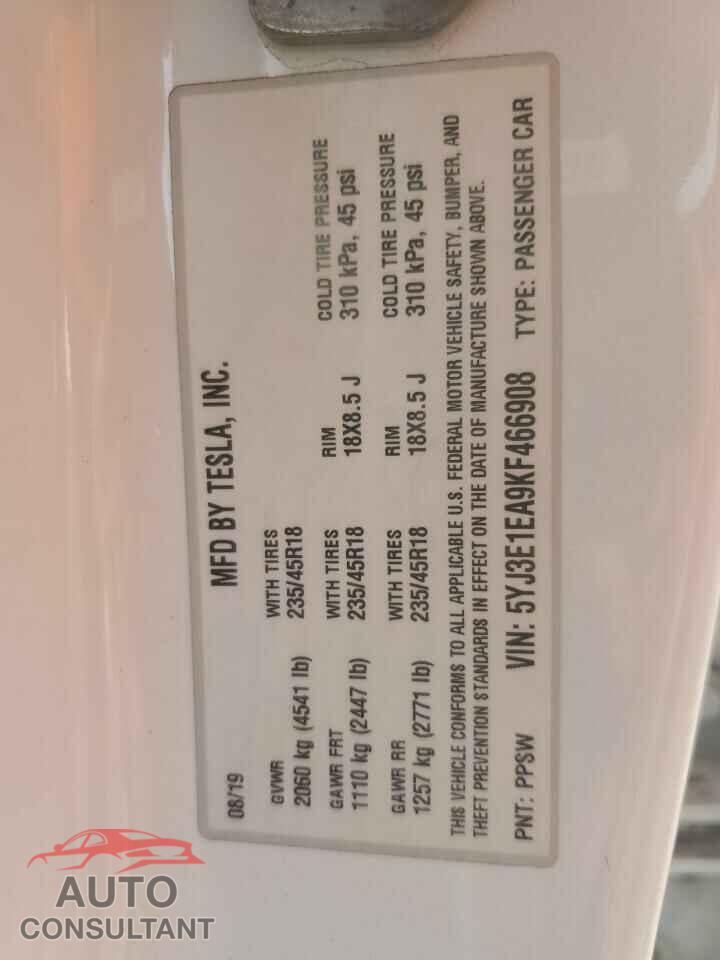 TESLA MODEL 3 2019 - 5YJ3E1EA9KF466908