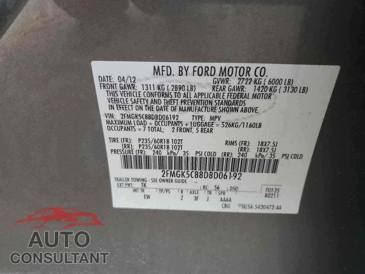 FORD FLEX 2013 - 2FMGK5C88DBD06192
