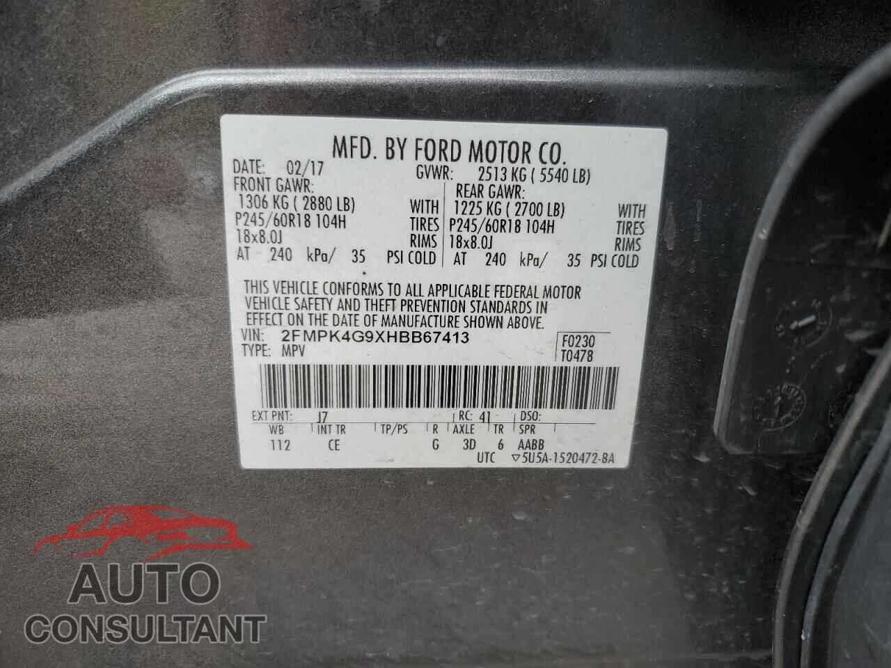 FORD EDGE 2017 - 2FMPK4G9XHBB67413