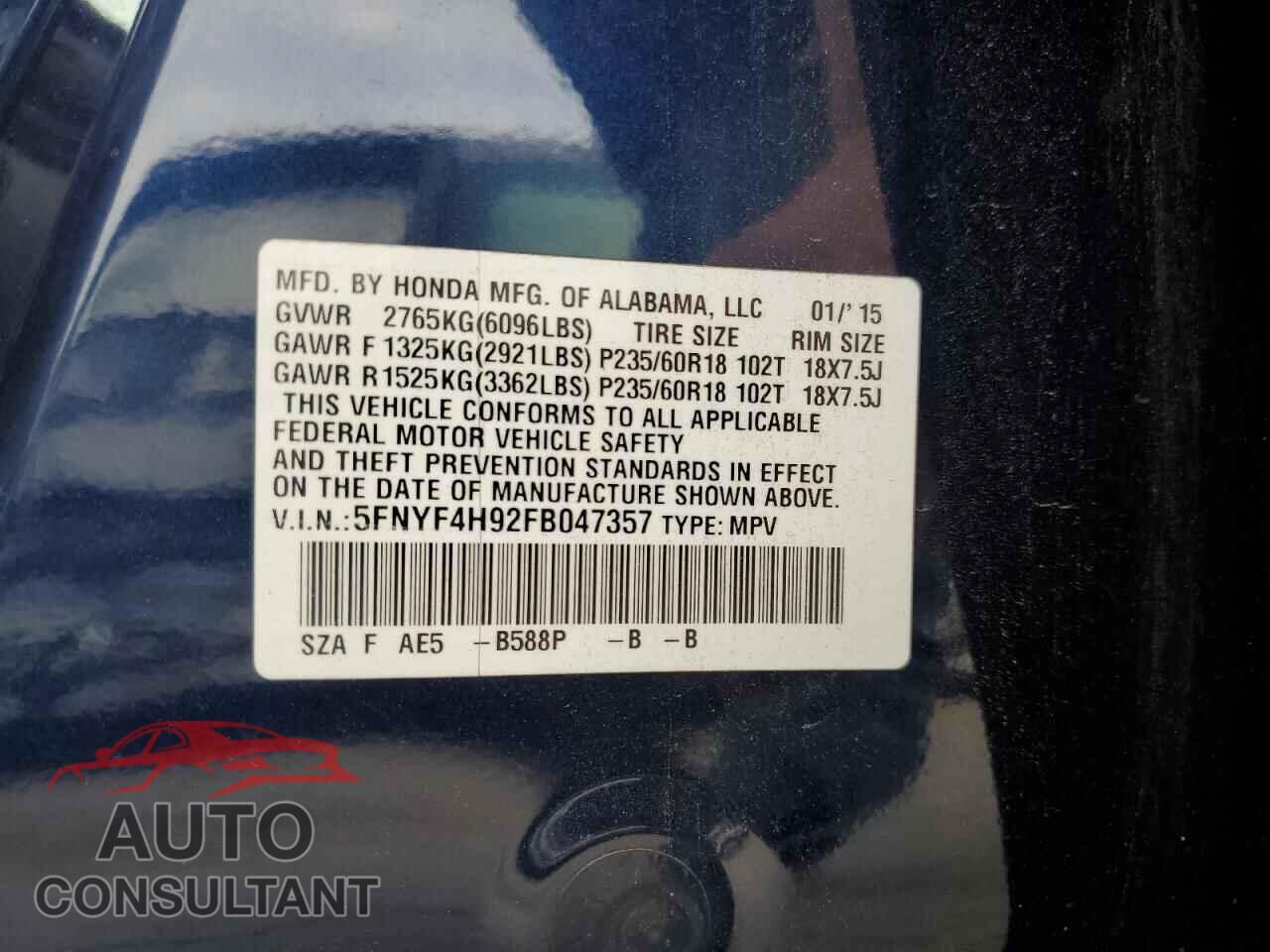 HONDA PILOT 2015 - 5FNYF4H92FB047357