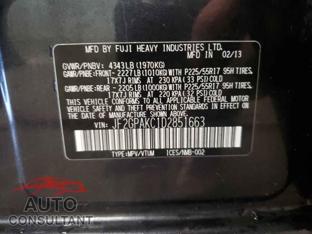SUBARU XV 2013 - JF2GPAKC1D2851663