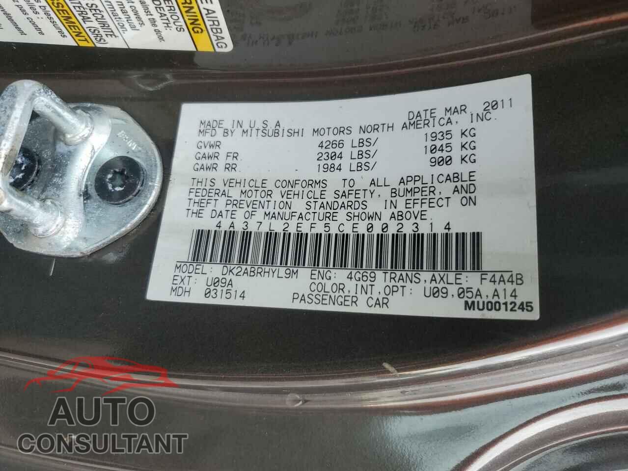 MITSUBISHI ECLIPSE 2012 - 4A37L2EF5CE002314