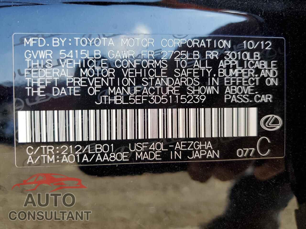 LEXUS LS460 2013 - JTHBL5EF3D5115239