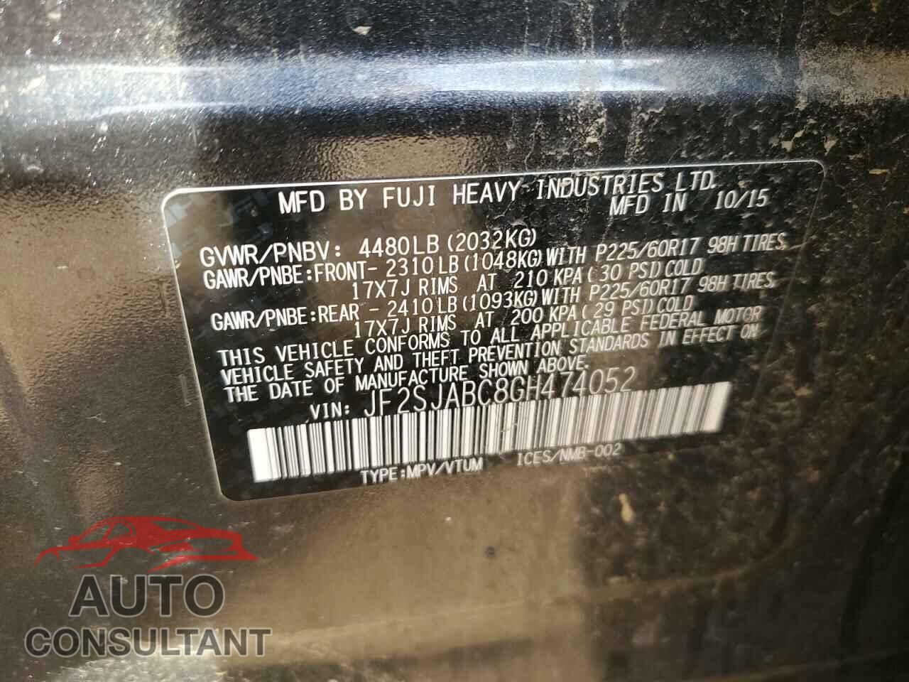 SUBARU FORESTER 2016 - JF2SJABC8GH474052