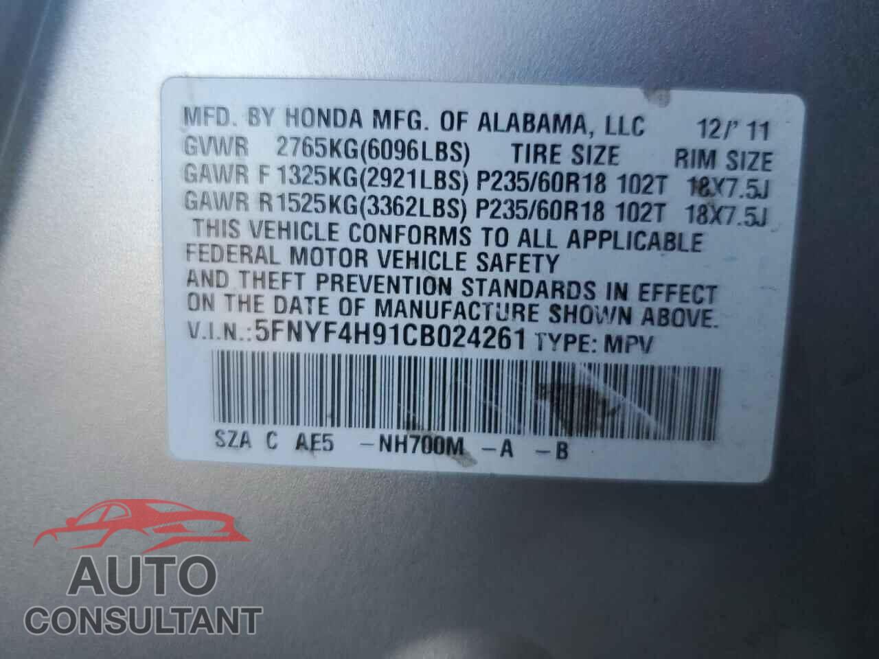 HONDA PILOT 2012 - 5FNYF4H91CB024261