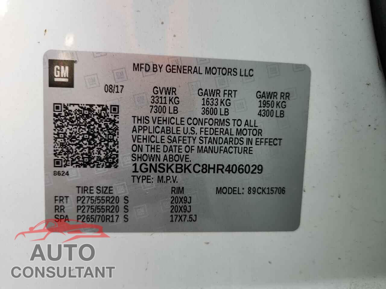 CHEVROLET TAHOE 2017 - 1GNSKBKC8HR406029