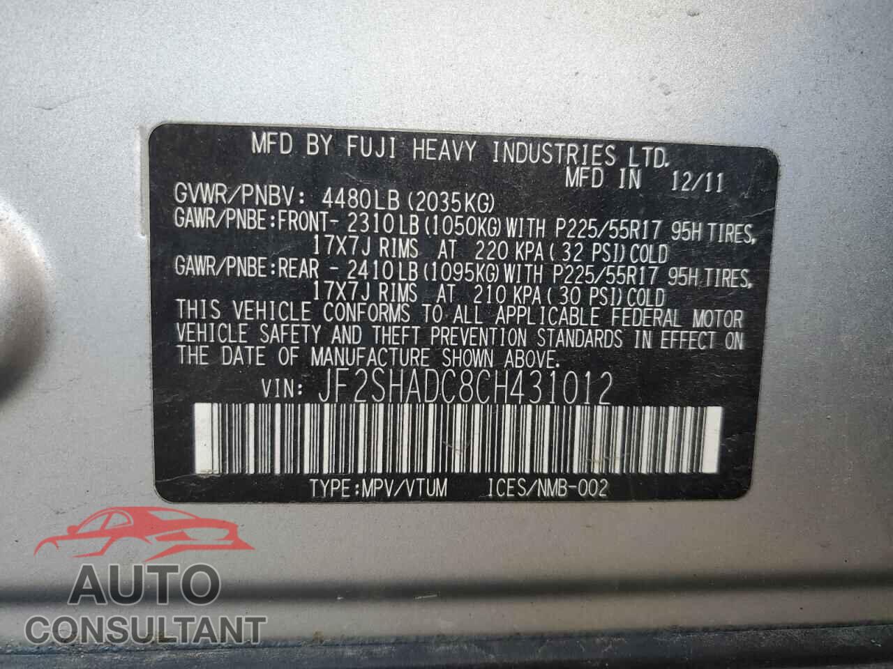 SUBARU FORESTER 2012 - JF2SHADC8CH431012