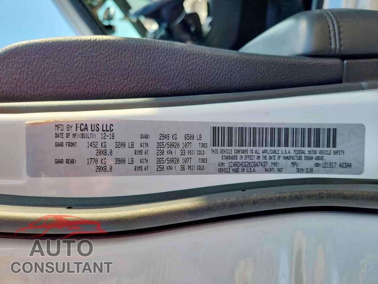 DODGE DURANGO 2019 - 1C4RDHDG2KC647437