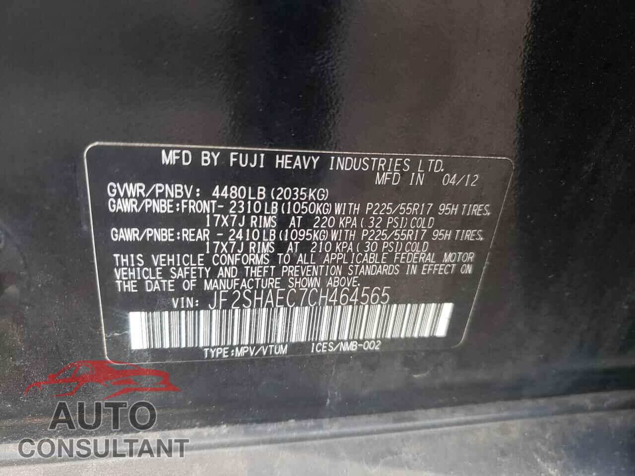 SUBARU FORESTER 2012 - JF2SHAEC7CH464565