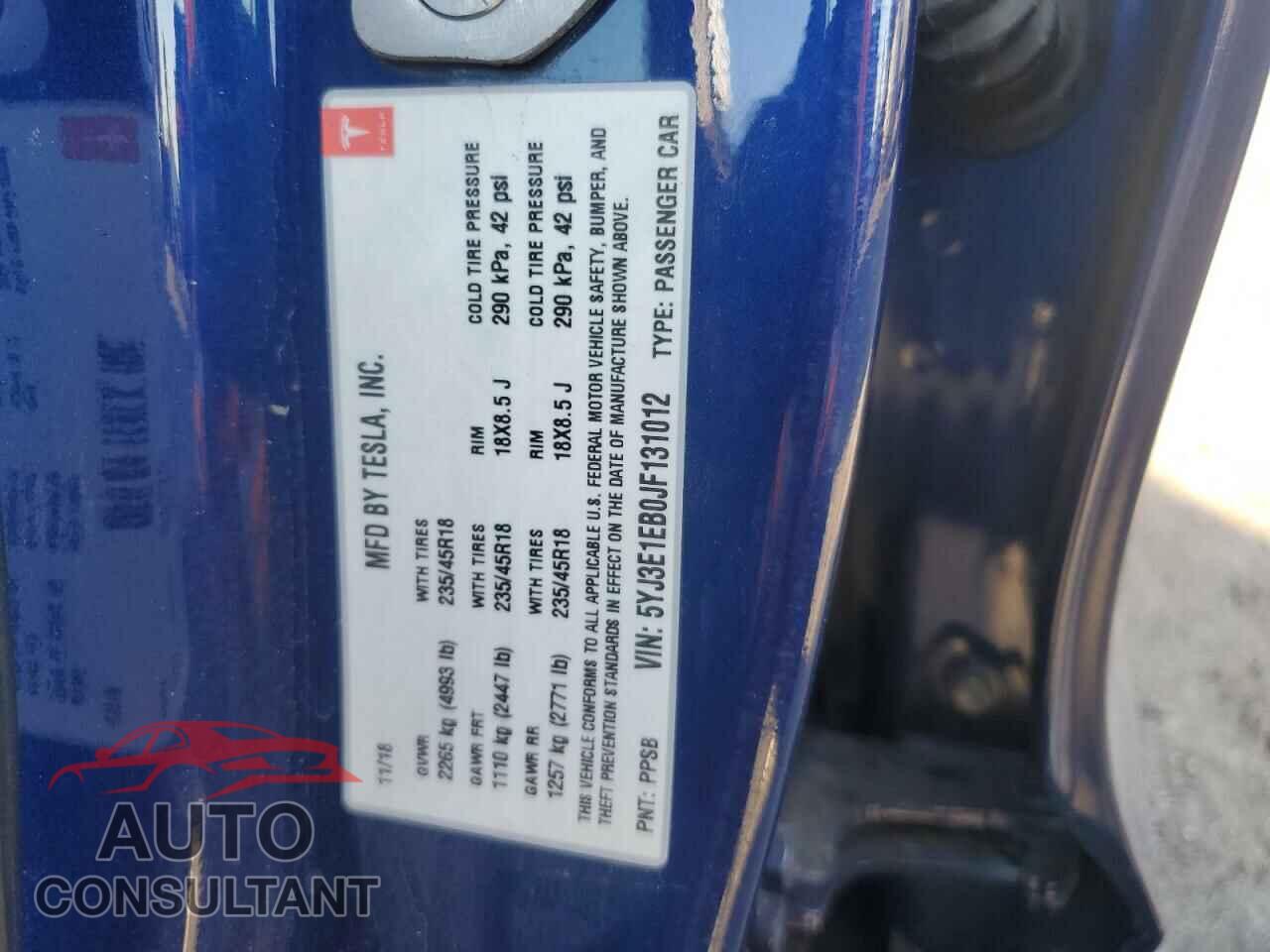 TESLA MODEL 3 2018 - 5YJ3E1EB0JF131012
