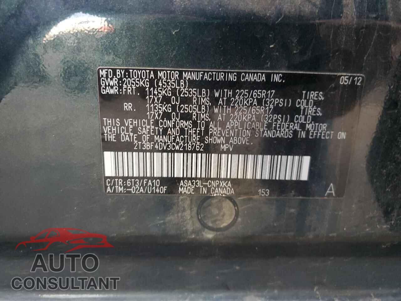 TOYOTA RAV4 2012 - 2T3BF4DV3CW218762