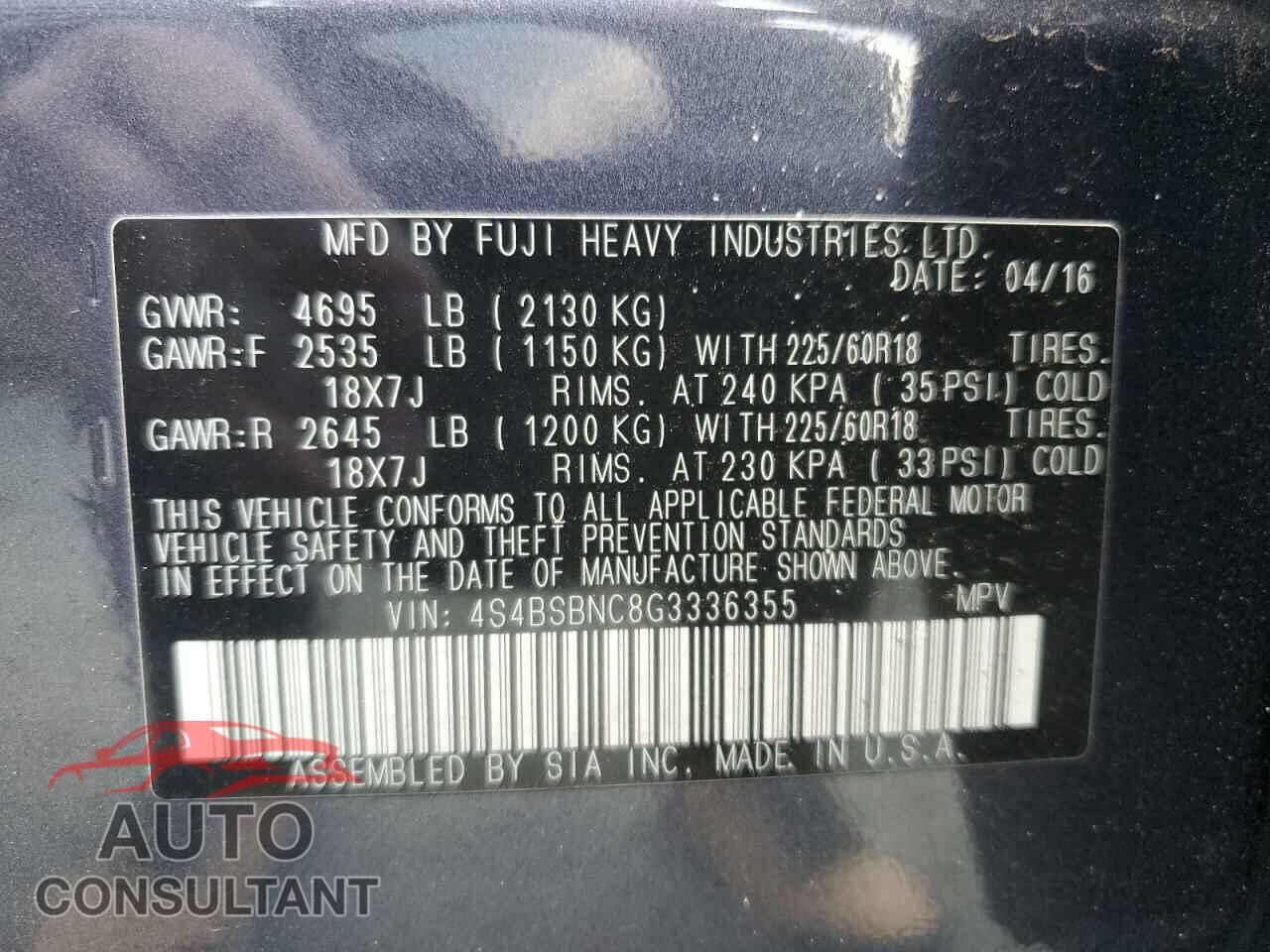 SUBARU OUTBACK 2016 - 4S4BSBNC8G3336355