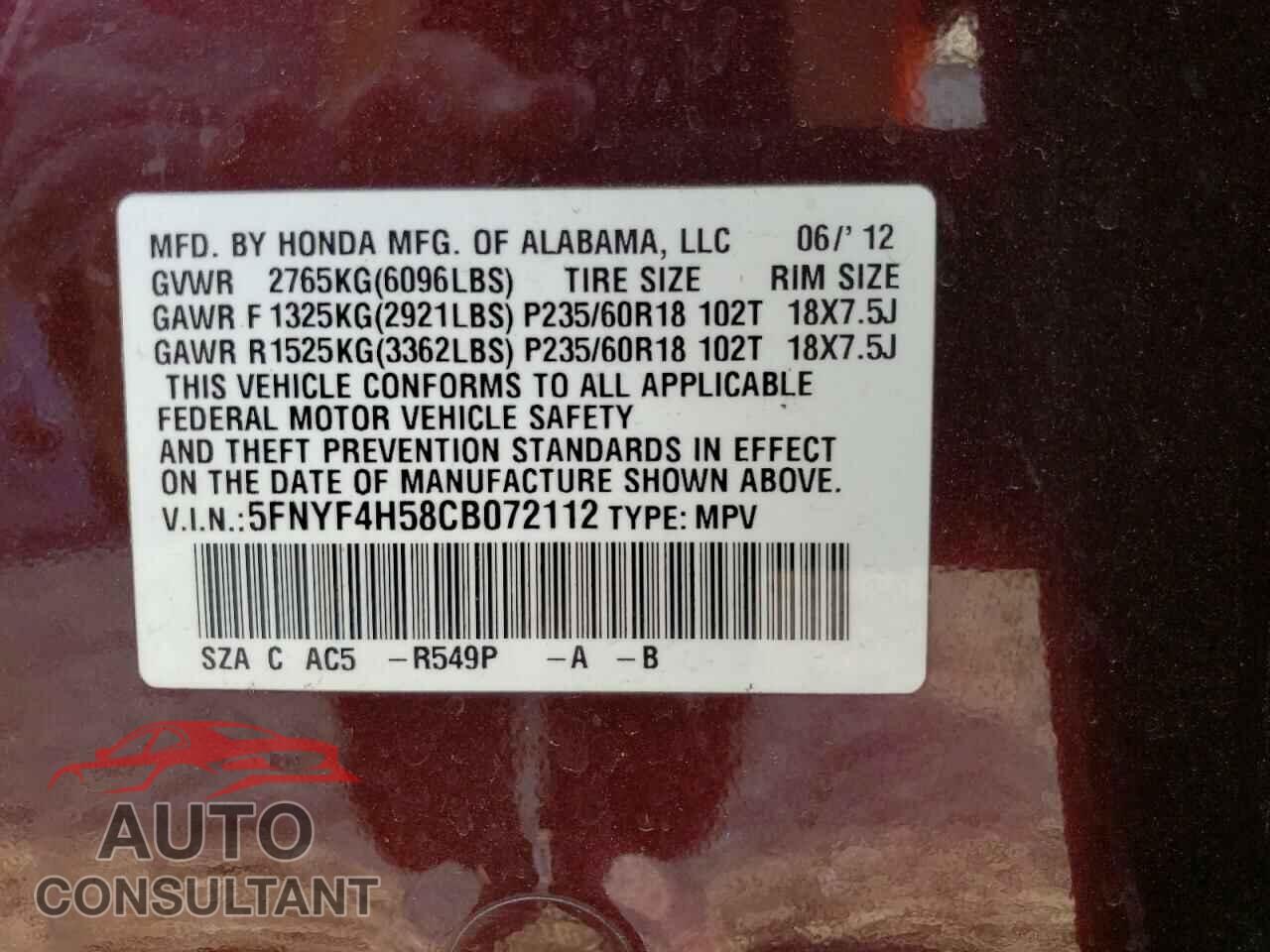 HONDA PILOT 2012 - 5FNYF4H58CB072112