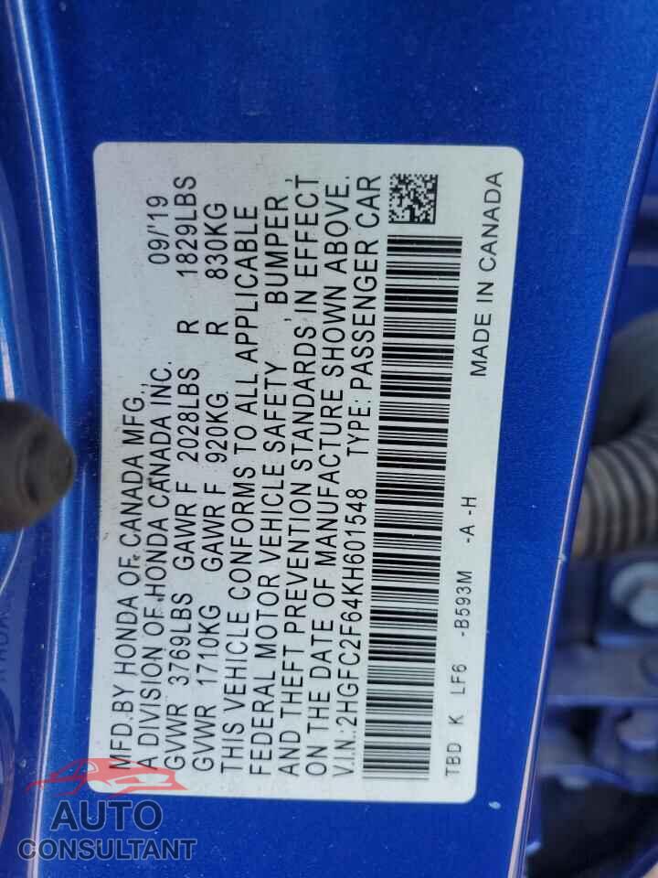 HONDA CIVIC 2019 - 2HGFC2F64KH601548