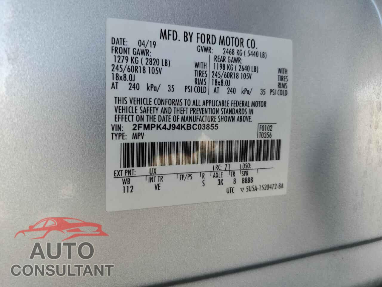 FORD EDGE 2019 - 2FMPK4J94KBC03855
