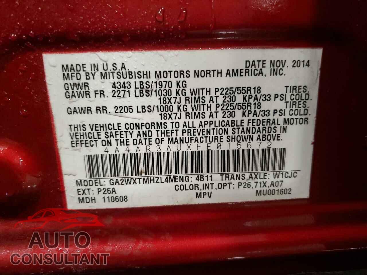 MITSUBISHI OUTLANDER 2015 - 4A4AR3AUXFE015672
