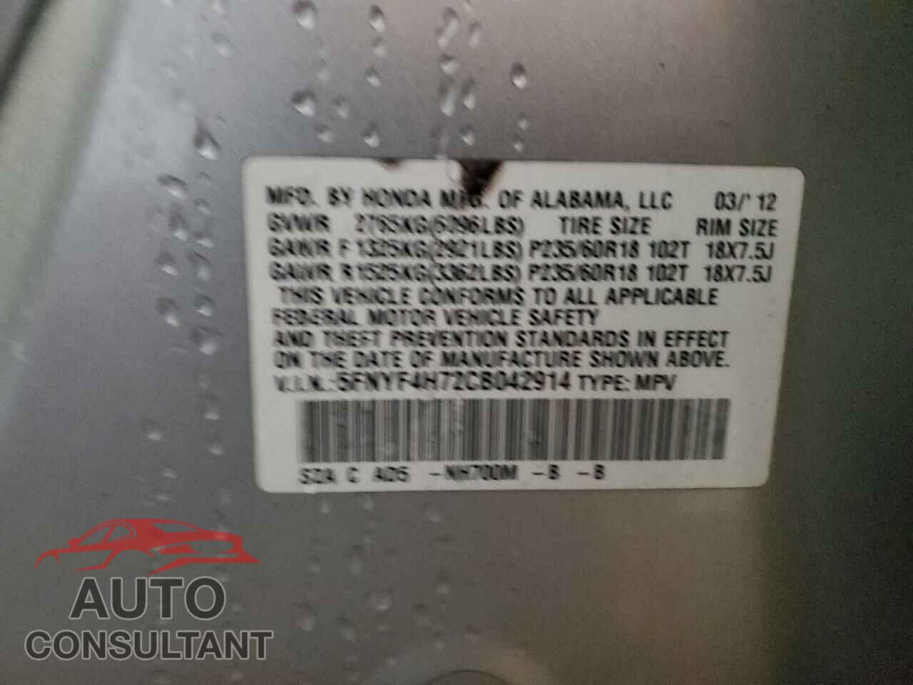 HONDA PILOT 2012 - 5FNYF4H72CB042914