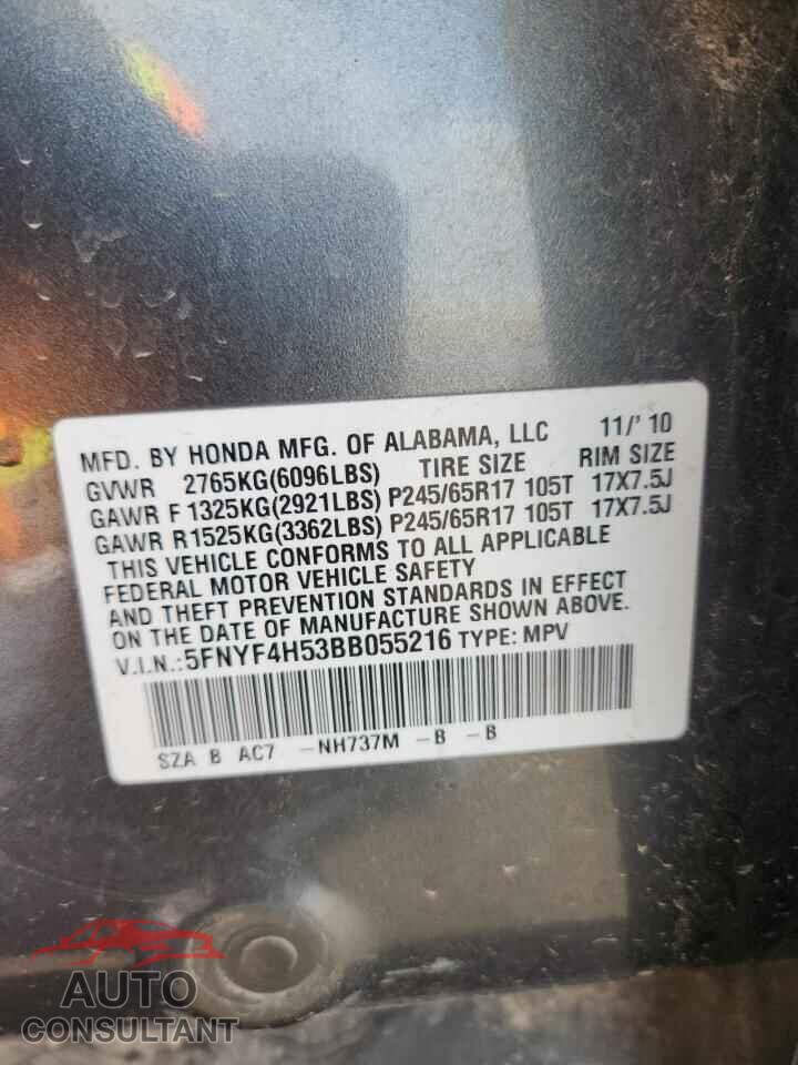 HONDA PILOT 2011 - 5FNYF4H53BB055216