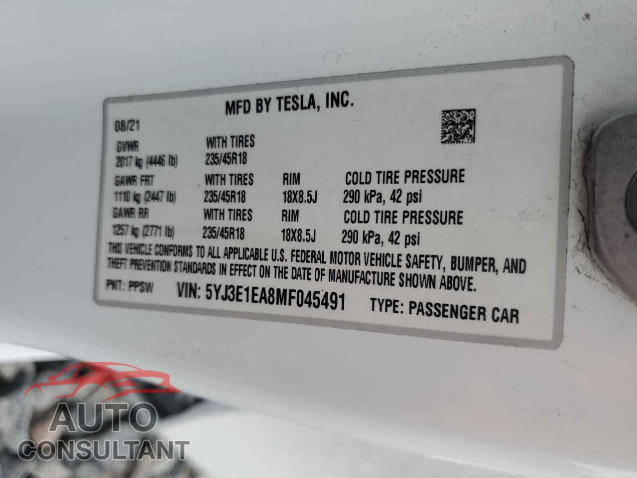 TESLA MODEL 3 2021 - 5YJ3E1EA8MF045491