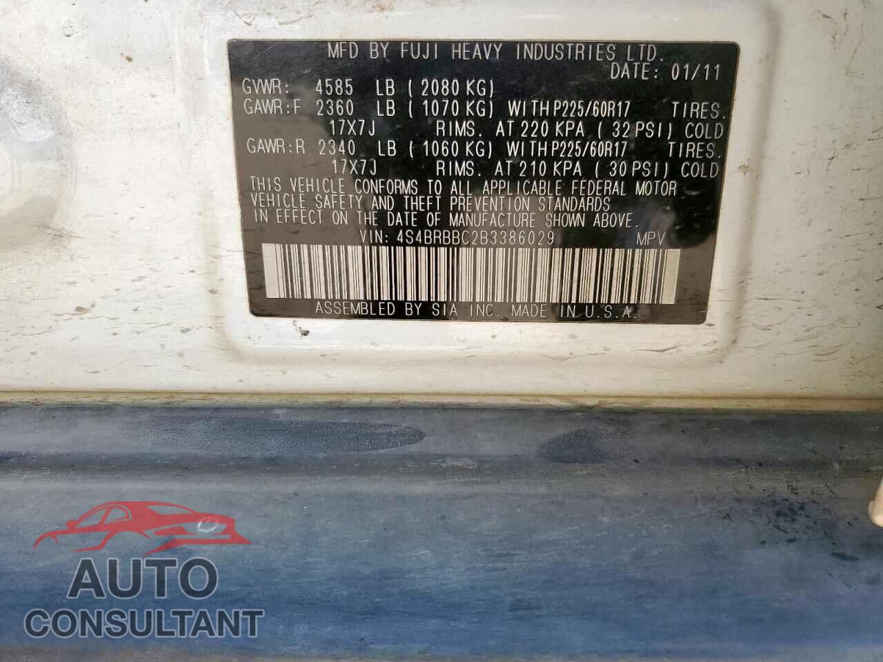 SUBARU OUTBACK 2011 - 4S4BRBBC2B3386029