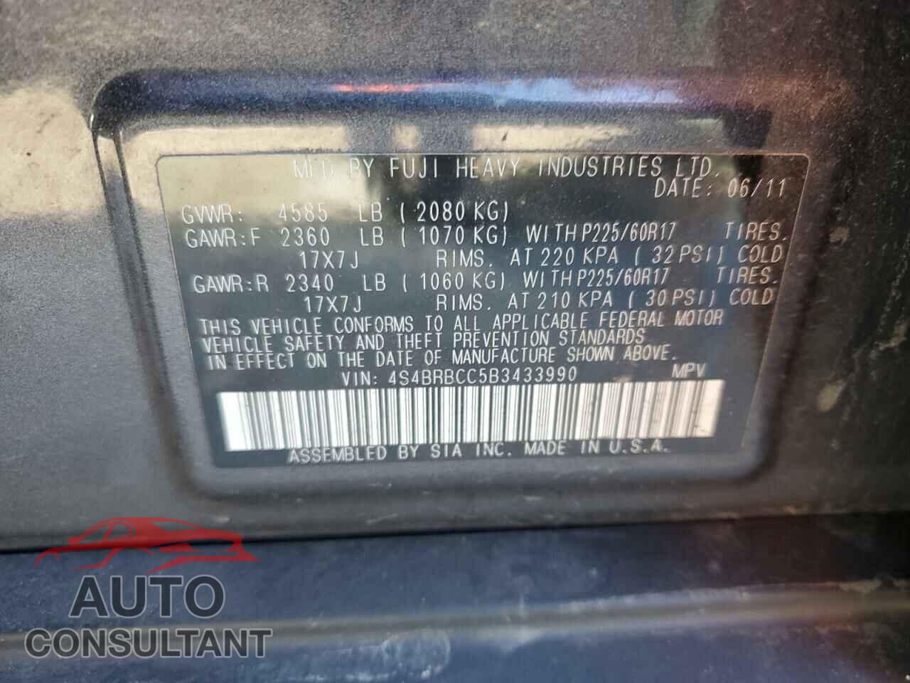 SUBARU OUTBACK 2011 - 4S4BRBCC5B3433990