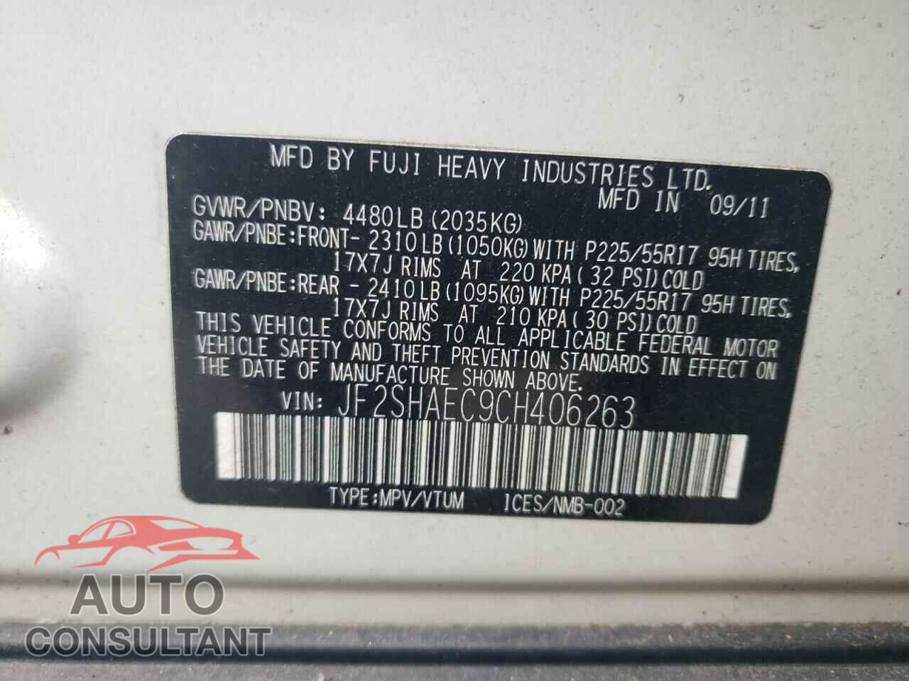 SUBARU FORESTER 2012 - JF2SHAEC9CH406263