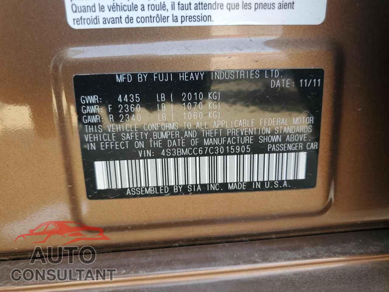 SUBARU LEGACY 2012 - 4S3BMCC67C3015905